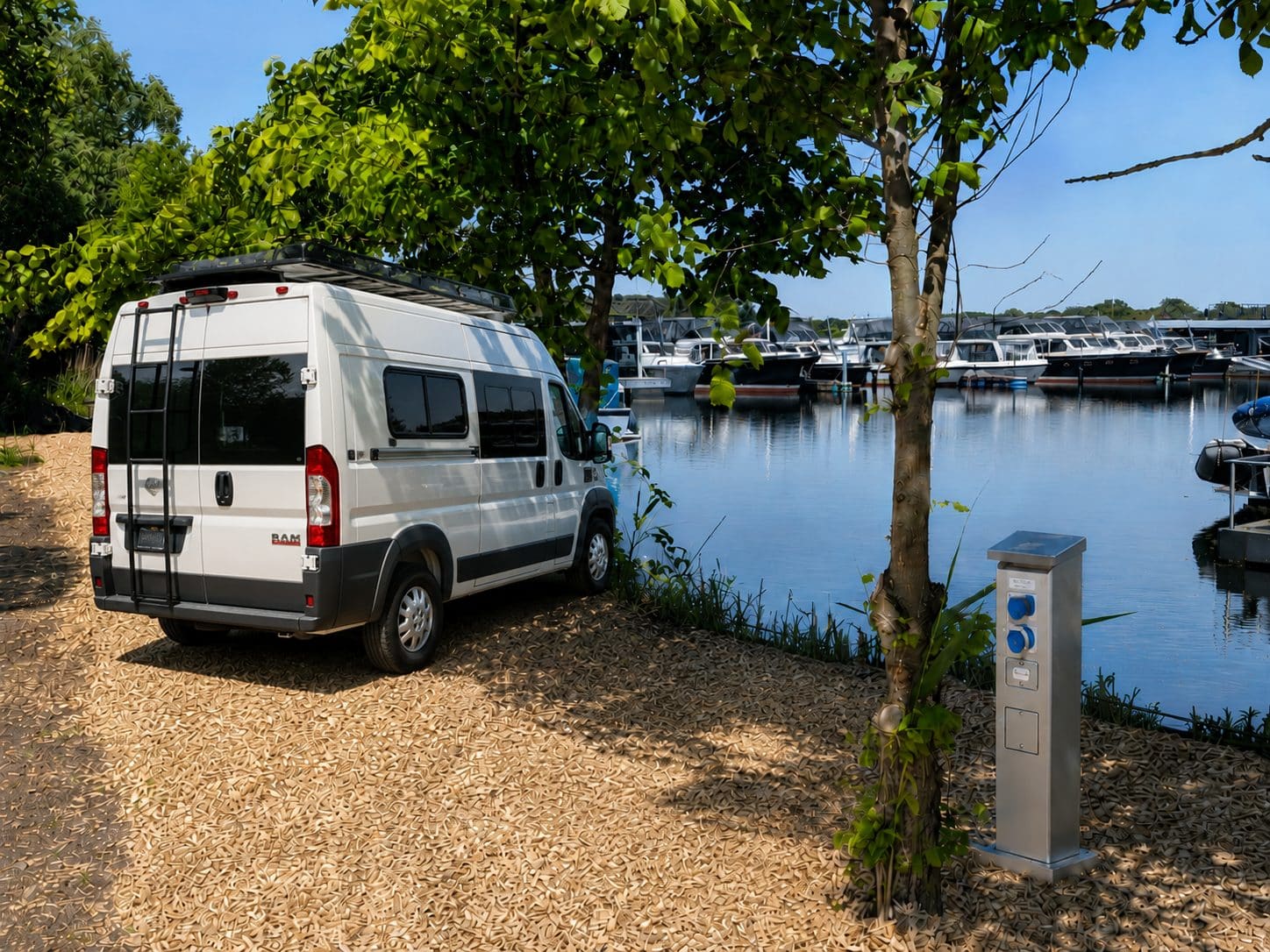 Camper-Van am Stellplatz an der Kaimauer